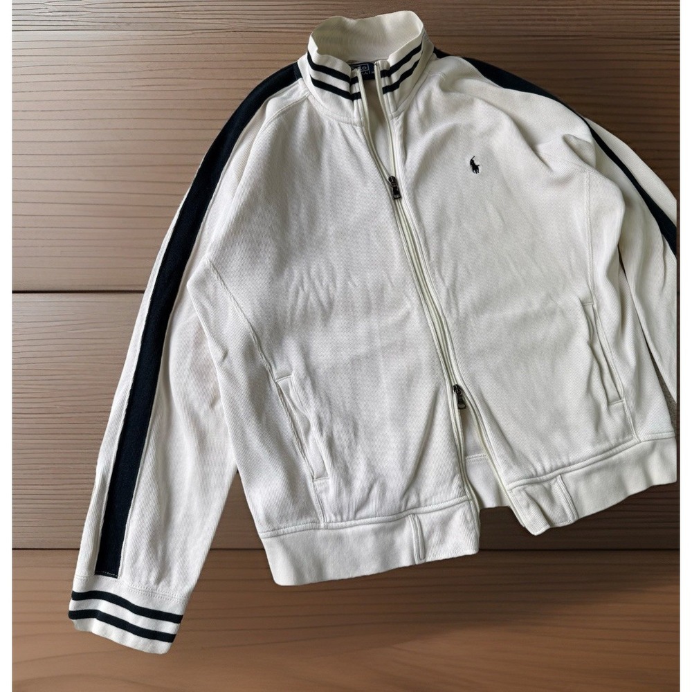 Vintage Polo Ralph Lauren Men's L Track Jacket White Navy Stripe Cotton 90s
